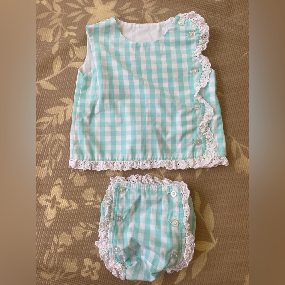 Banana Split Blue Gingham Baby Outfit with Lace Trim 6mo